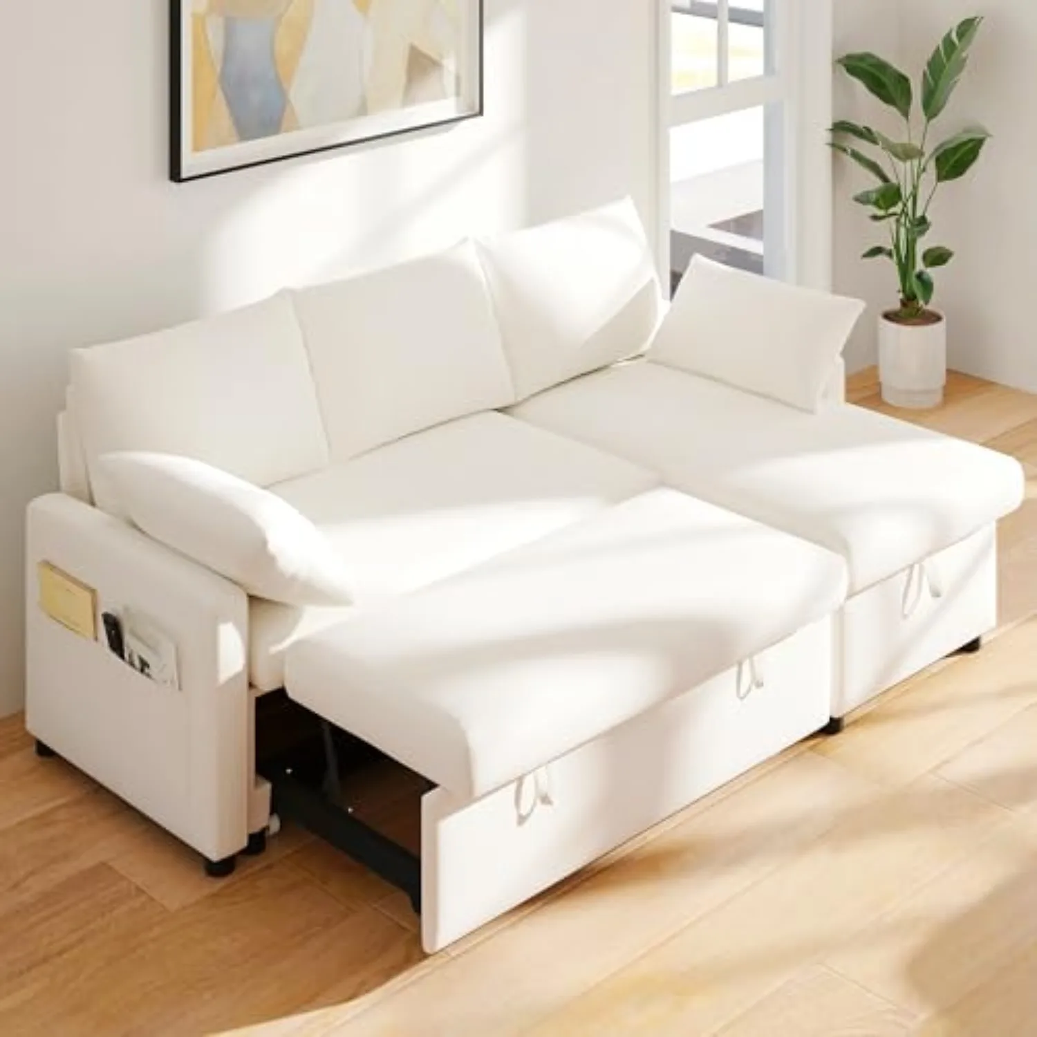 80'' L-Shaped Chenille Sleeper Sofa Bed with Storage, Beige | Convertible Bed, Hidden Storage Space, Side Storage