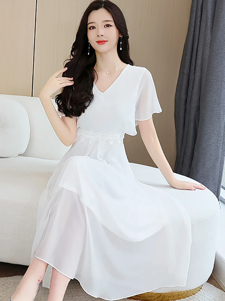 White V-Neck Sexy Party Dress for Women Summer Casual  Vacation Beach Long Dress 2024 Korean Fashion Bodycon Evening Midi Dress