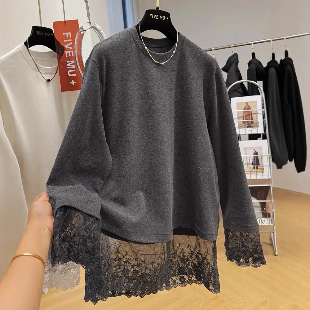 

Women's Autumn/Winter High-End Feellace Splicing Velvet Long Sleeve T-Shirt Inner Wear Base Layer Top Stylish Top