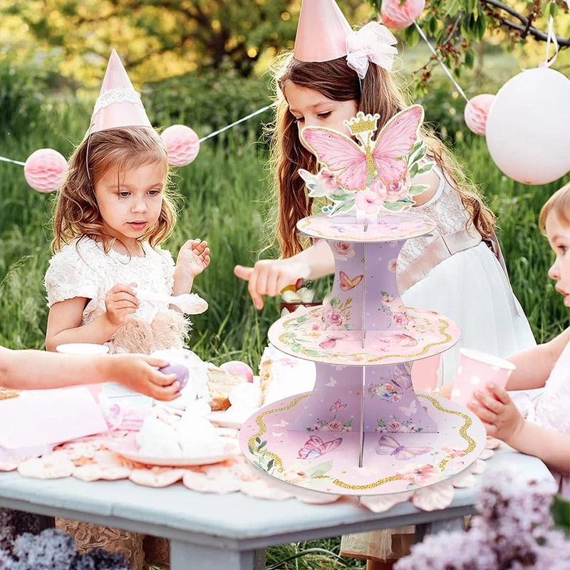 1 Set 3-stufiger Schmetterlings-Cupcake-Kuchenständer für Hochzeit, Geburtstag, Party-Dekorationen, Cupcake-Halter aus Pappe, Cupcake-Turm für Party – Detail 5