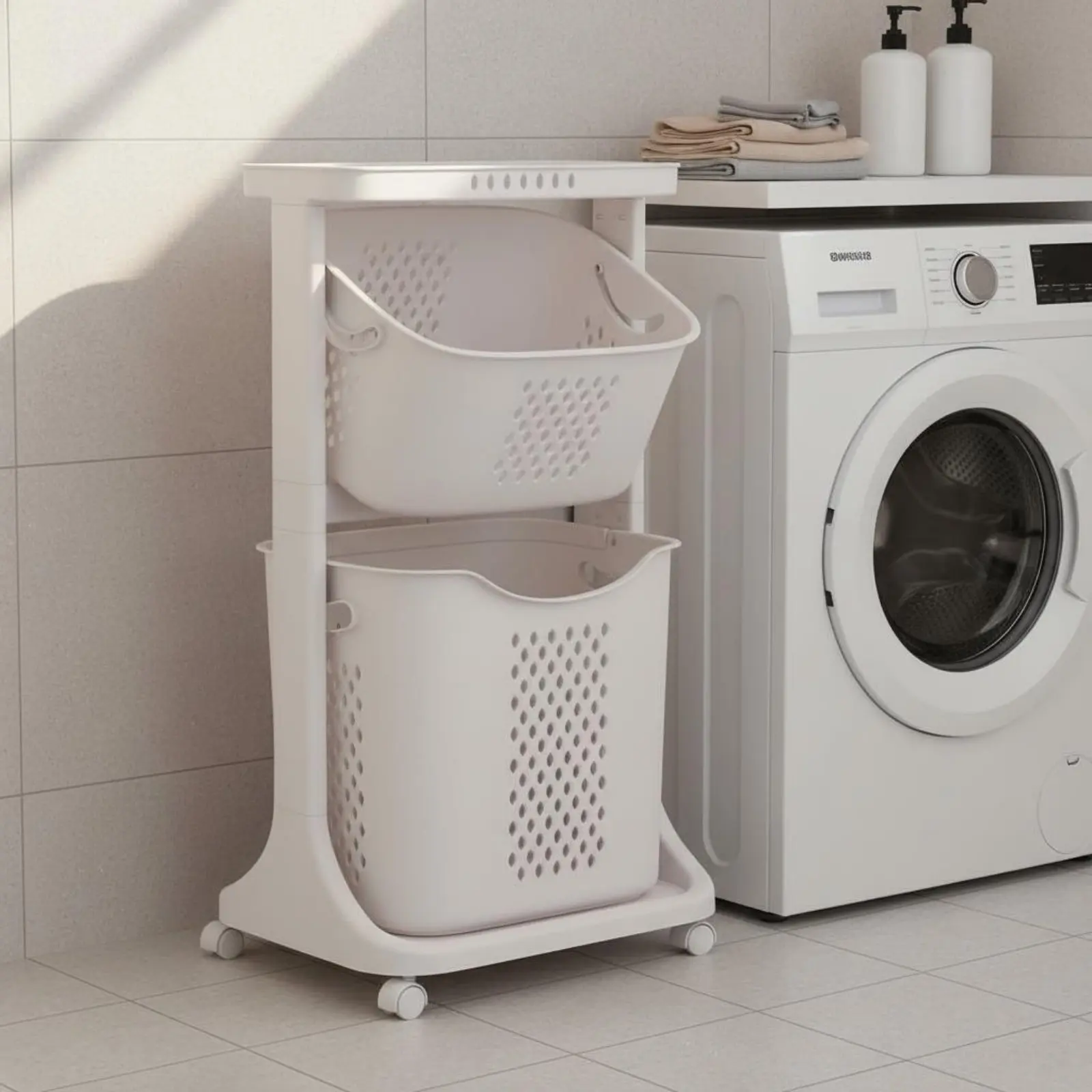 Multi-Tier Laundry Hamper Easy to Move Rolling Laundry Hamper Bathroom Storage Sturdy Vertical Design