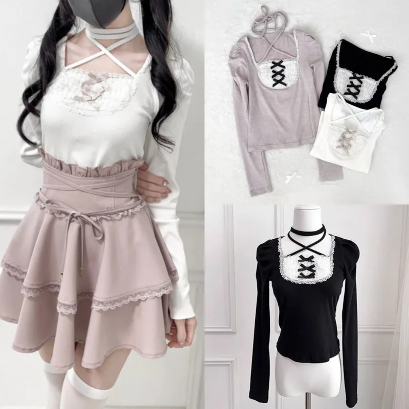 Bow Gentle Lace Landmine Top Y2K Aesthetics Fake 2 Set Strap Halter Neck Long Sleeve T-Shirt Girl Autumn Winter Layer Top New