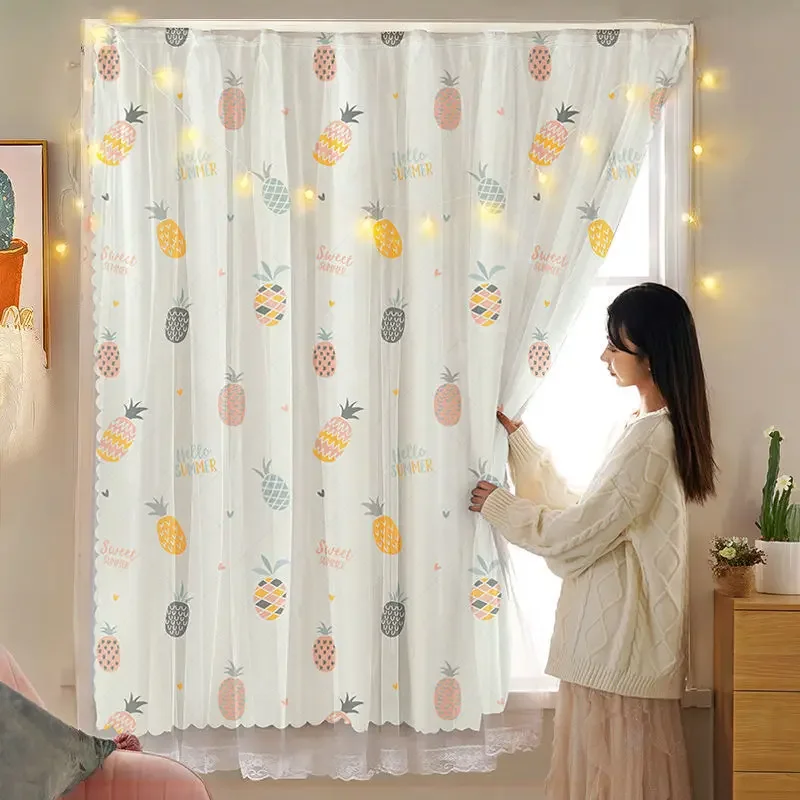 

Velcro Curtain Cloth + Tulle Double Layer Installation Easy Floating Window Blackout Curtains for Children Bedroom/Living Room