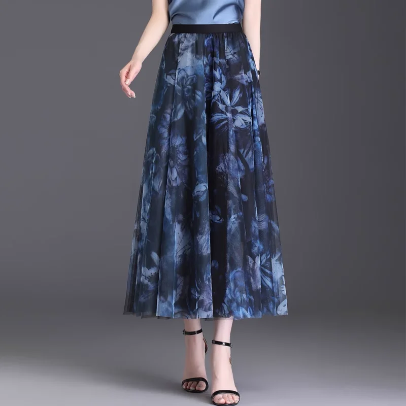 

Women Purple Floral Print Tulle Maxi Skirt High Waist Elastic Waist A Line Elegant Mesh Long Skirt