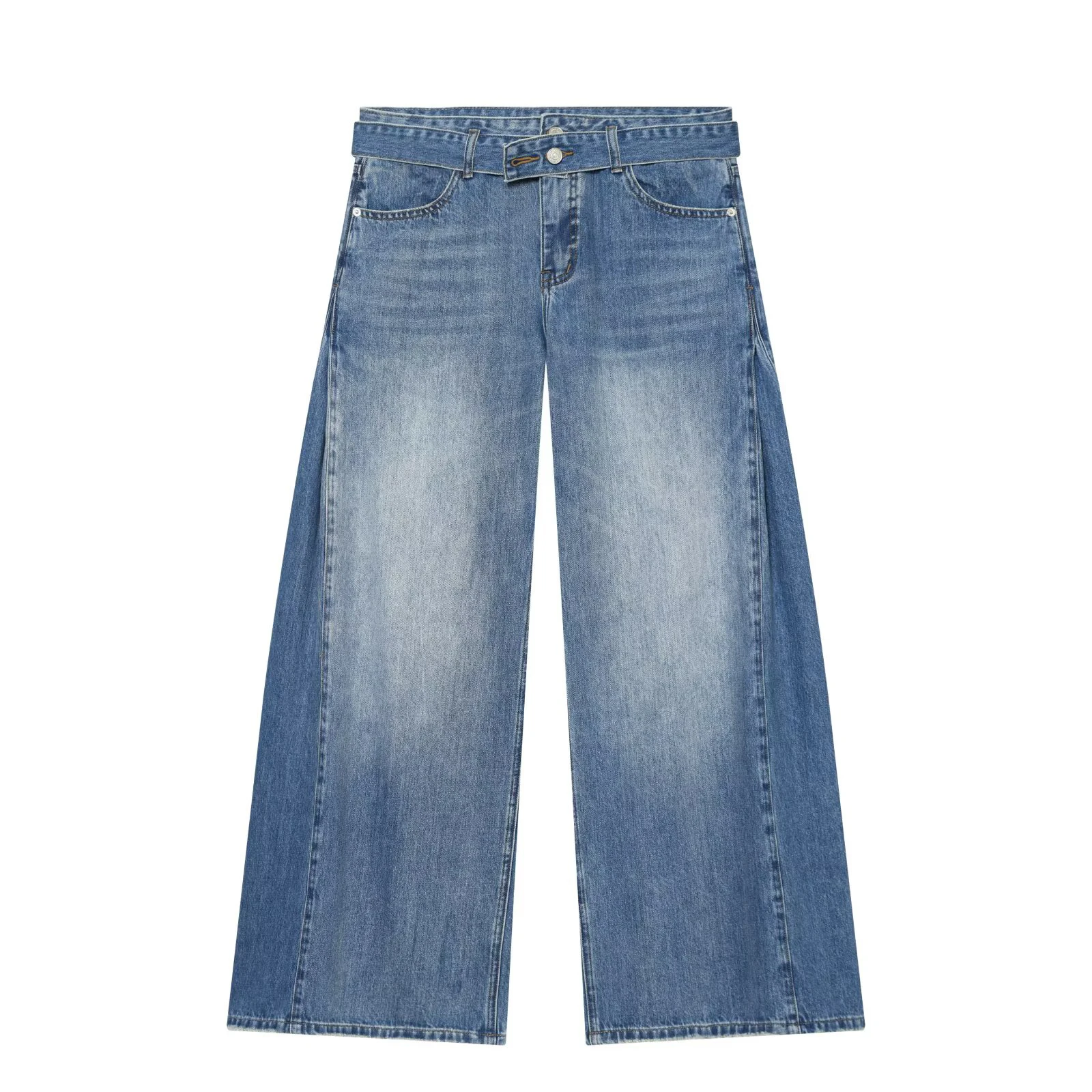 European and American style 2026 summer new women's loose waistband decoration side pleated mid waist denim pants
