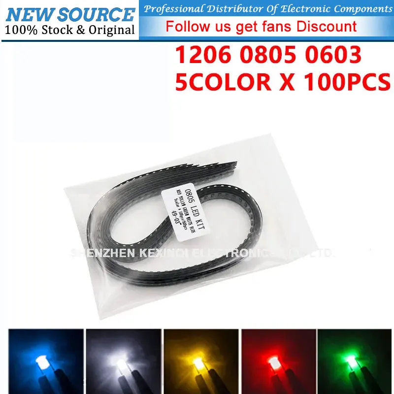5 x 100pcs/Color=500pcs New 1206 0805  0603  LED Diode Assortment  SMD LED Diode Kit Green RED  White Blue Yellow
