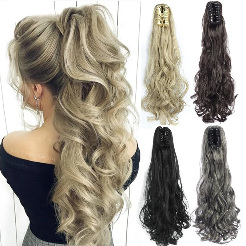 Synthetic fiber clip-on ponytail wig for women, long wavy hair with water wave pattern