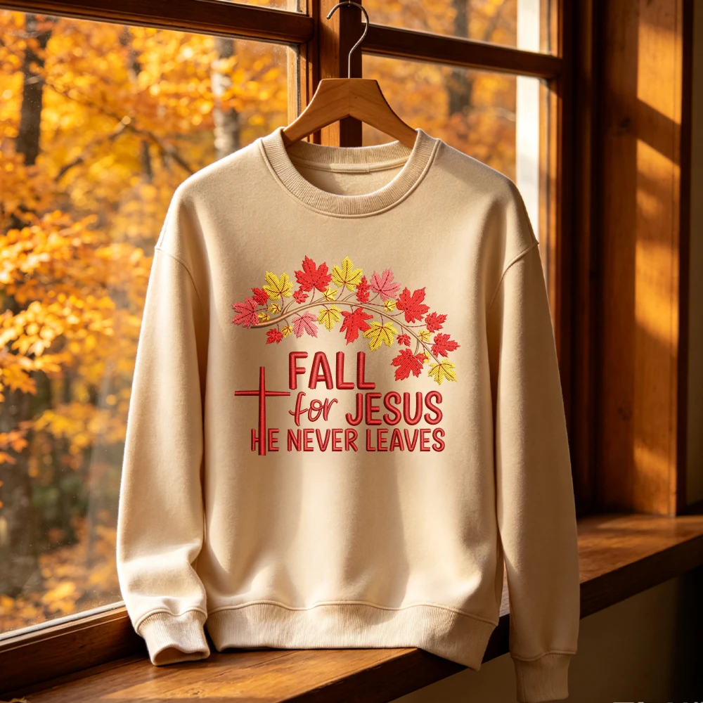 Christian Fall for Jesus He Never Leaves Sweatshirt mit Rundhalsausschnitt, Kreuz- und Ahornblatt-Motiv, Pullover, Unisex, Damen, Herren, Geschenk, Oberteil, Gemütlich