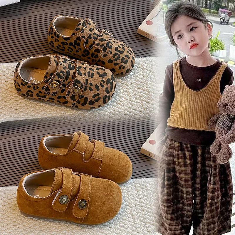 Girls Daily Walking Shoes Leopard Print Kids Casual Shoes Retro Style Soft Sole 2026 Brand New Children Flat Shoes Non-slip