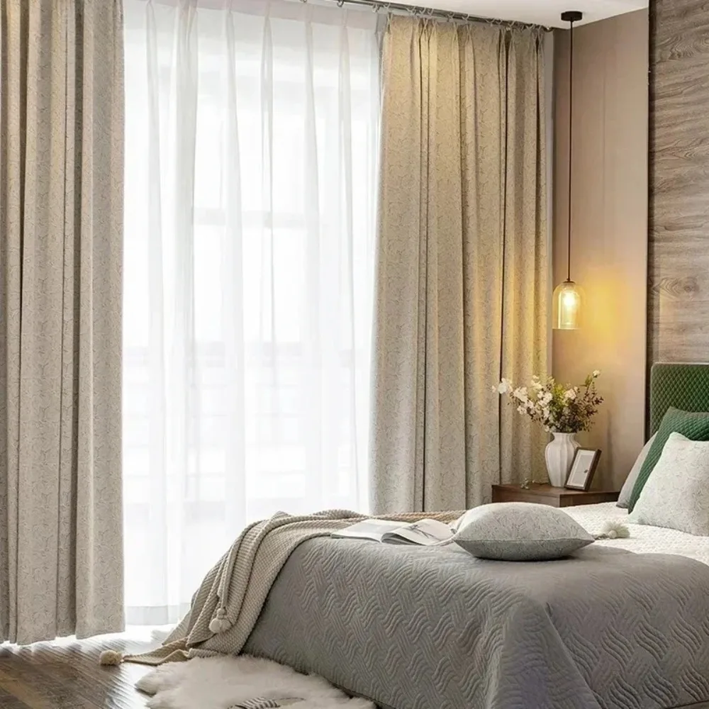 Minimalist Blackout Curtains Japanese Style Literary Lace Two-piece Opening for Living Room Bedroom 100% Cotton Light Protection
