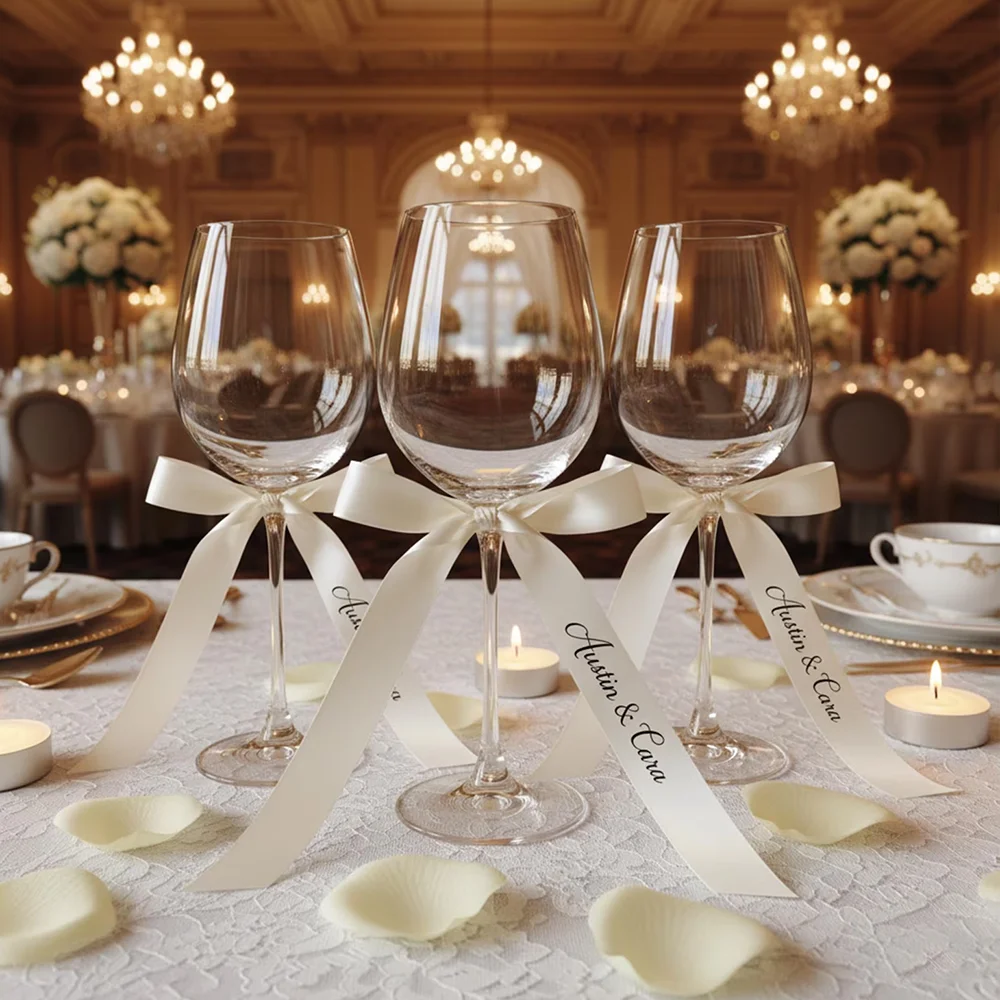 Personalisierte 5-teilige weiße Bänder mit Namen, Hochzeitstagszubehör, Weinglas-Etiketten, Tischservietten-Dekorationen, Sitzkarten für den Empfang – Detail 3