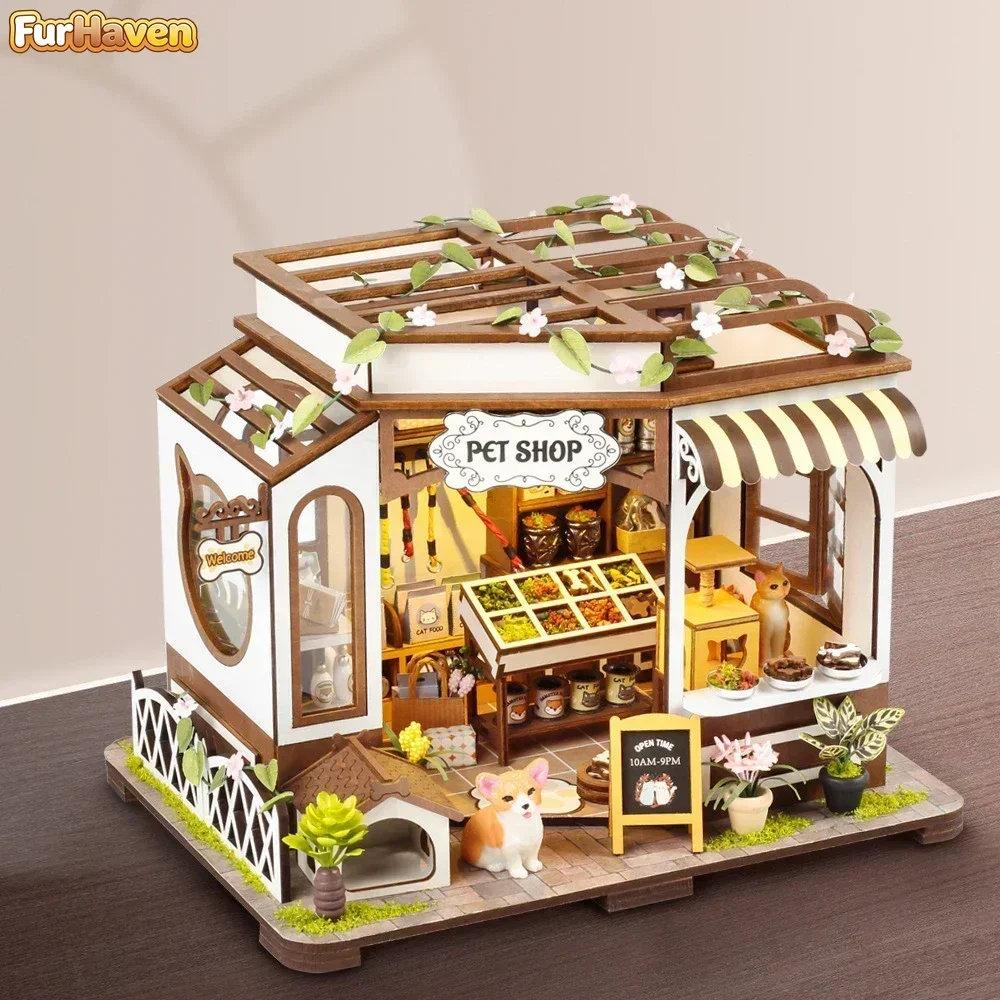 NEW Modern DIY Wooden Pet Shop Dollhouses Miniature Kits With Furniture LED Lights Home Desk Decoration For Adult Handmade Gifts