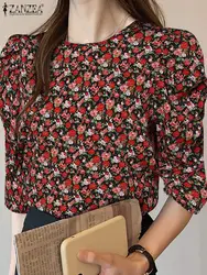 ZANZEA Summer Puff Sleeve Blouse Women Holiday Floral Print Tops 2024 Vintage Round Neck Shirt Blusas Casual Female Sweety Tunic