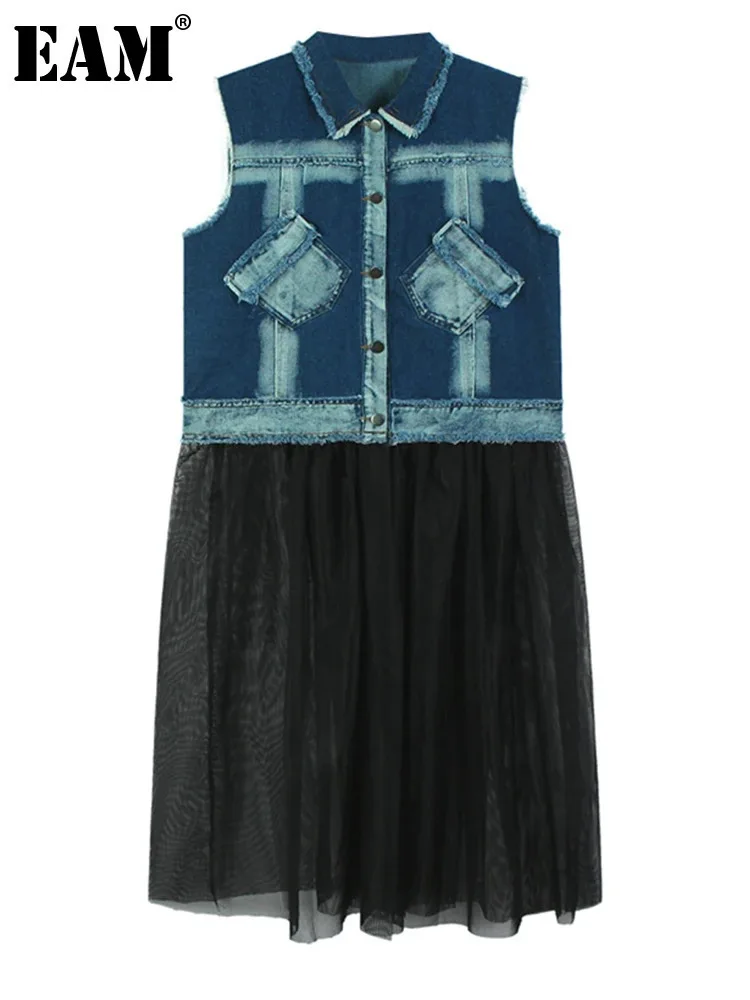 [EAM] Women Blue Denim Burr Mesh Spliced Big Size Shirt Dress New Lapel Sleeveless Fashion Tide Spring Autumn 2024 1DH8212