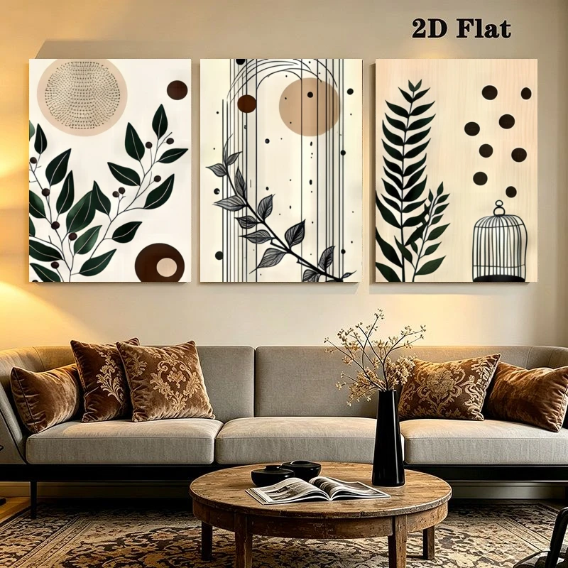 2D Flat, 2D Flat, 3pcs Modern Black White Botanical Geometric Wall Art Prints Frameless Home Decor for Living Room Bedroom Lu
