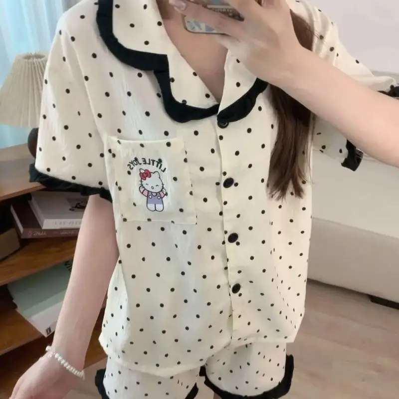 

Hello Kitty, осенние штаны из полиэстера с короткими рукавами, комплект из двух предметов, женские пижамы, шелковые пижамы, женские повседневные свободные комплекты домашней одежды