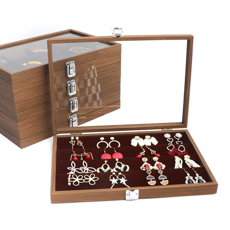 Wholesale Black Walnut Pattern Large Jewelry Box with Window Women Strong Cardboard Rings Necklace Braclet Jewel Organizer Case