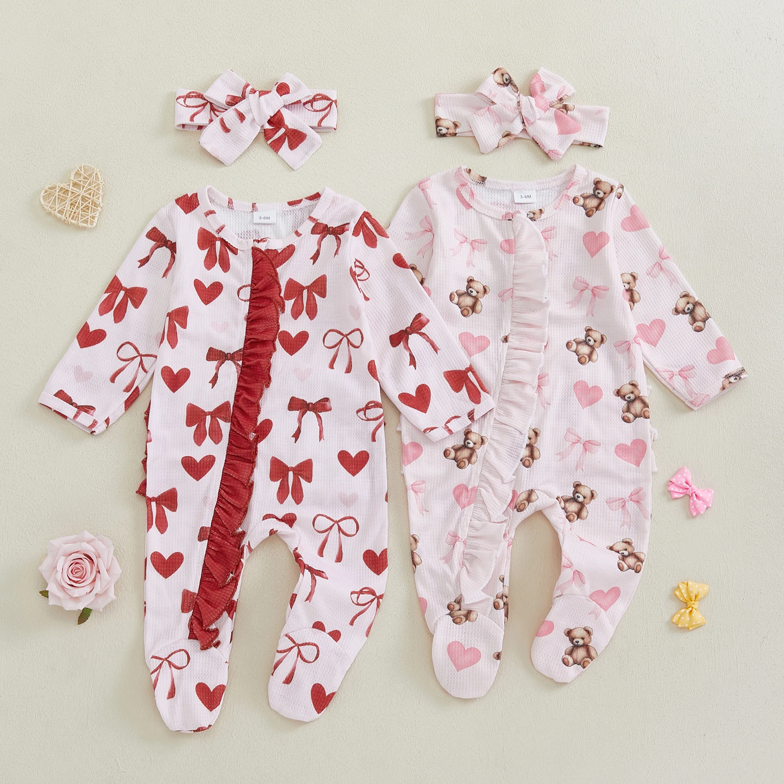 Baby Girls Footies Rompers Valentine's Day Clothes Heart Bow Print Long Sleeve Ruffles Spring Bodysuits Jumpsuits with Headband