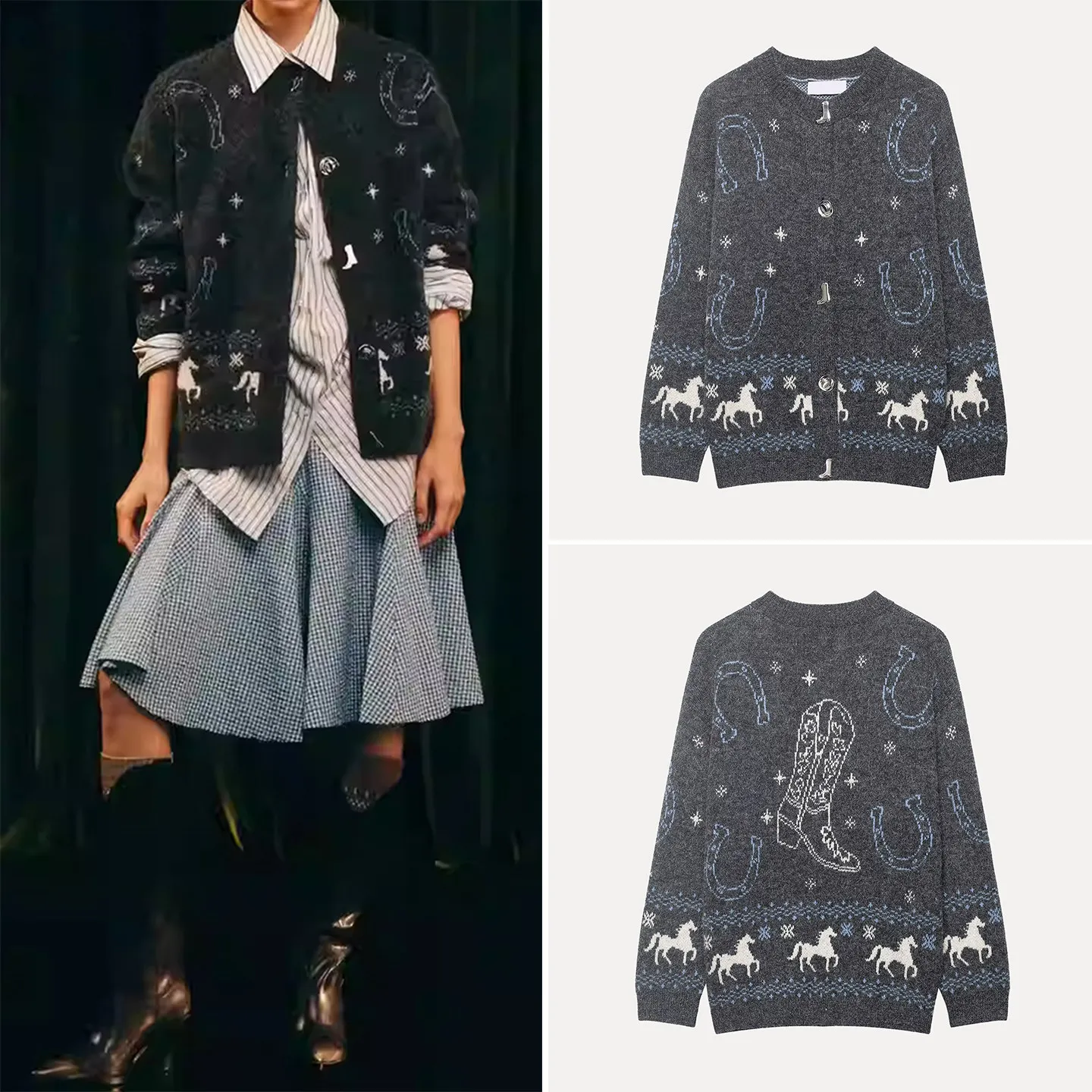 

Модный вязаный жакет женский, весна 2026, новинка, с вышивкой и пэчворком, на пуговицах, универсальная верхняя одежда свободного кроя, длинный рукав