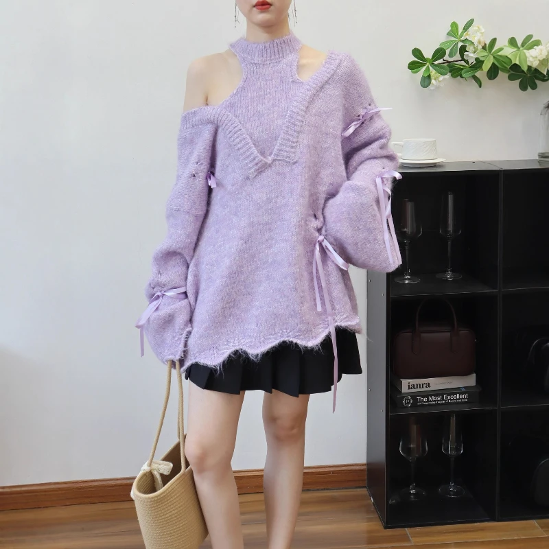 

Women Knit Sweaters Off Shoulder Loose Pullover Jumpers Bows Casual Solid Thick Sweater Splice Lady Simple Winter 2025