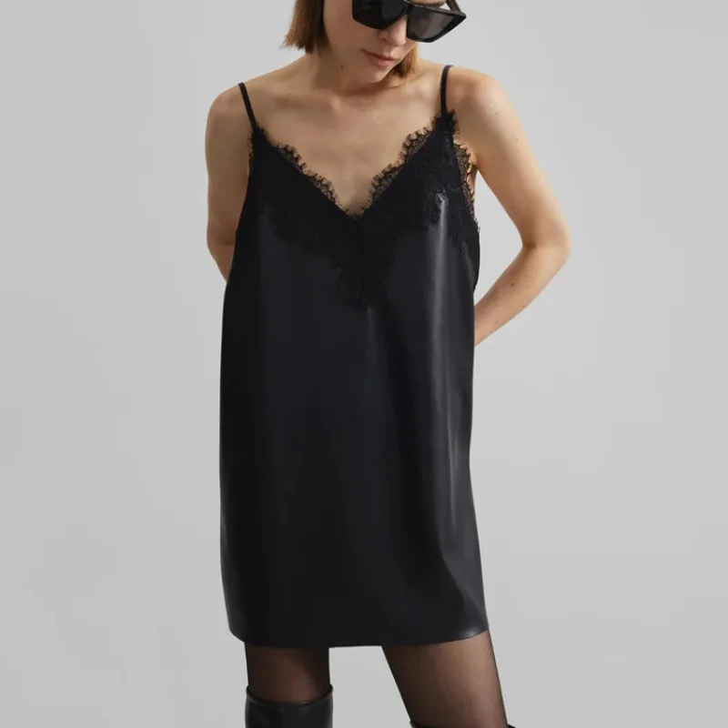 

Trendix Women's PU Lace Slip Dress 2025 New Solid Sexy V Neck Loose Leather Dresses Party Club Off Shoulder Backless Dress Women