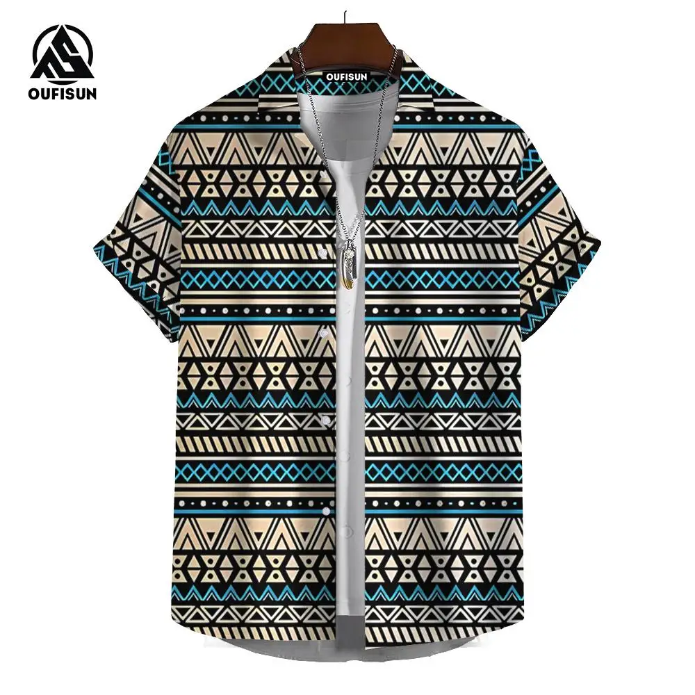 Vintage Hawaiian Shirts For Men Ethnic Pattern Printed Short Sleeve Tops Fashion Casual Men Clothing Loose Oversized Men\'s Shirt