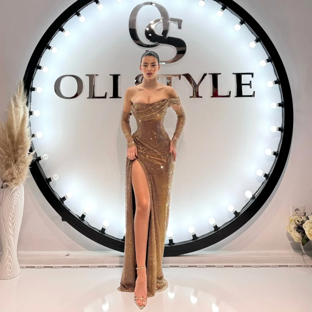 Bella Customized Champagne Side Slit robes de soirée One Shoulder Sequins Sleeveless Evening Dresses Floor-Length Wedding Dress image 6