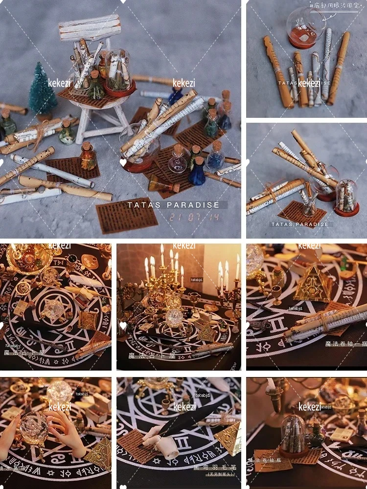 

Dollhouse Miniature Props Vintage Magic Scroll Magic Bottle Magician Crystal Ball Scroll Quill Pen Doll Dollhouse Accessories