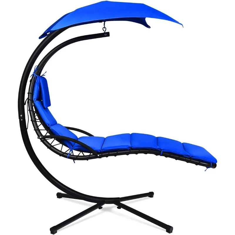 

Hanging Chaise Lounger Chair, Arc Stand Porch Swing Chair w/Canopy, Cushion Built-in Pillow, Outdoor Freestanding