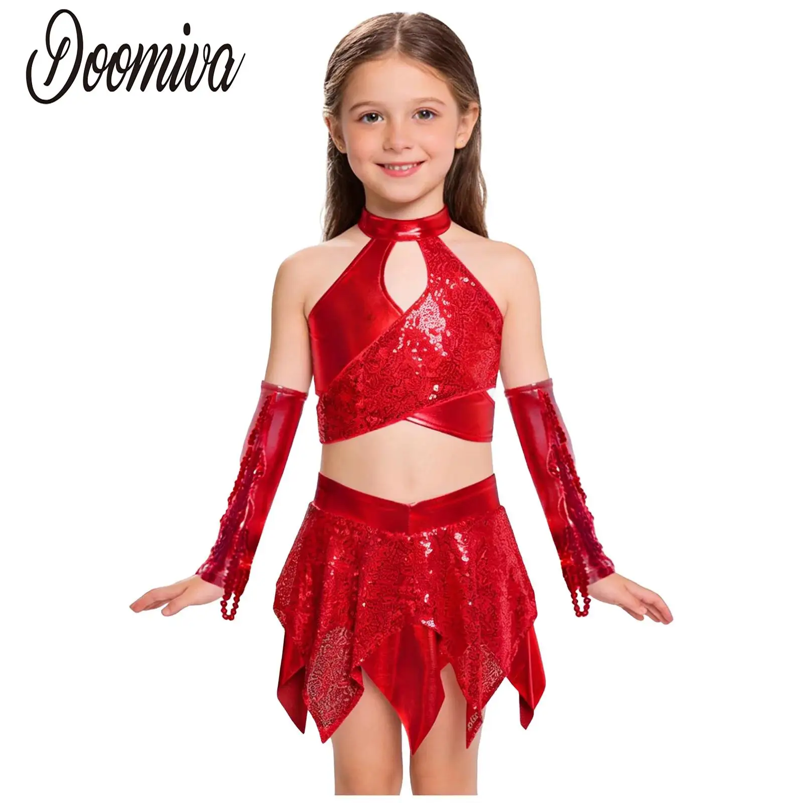Kinder Mädchen Jazz Dance Kostüm Performance Outfit Skating Latin Dancewear Glitzerndes Pailletten Crop Top mit Rock und Quasten Handschuhen