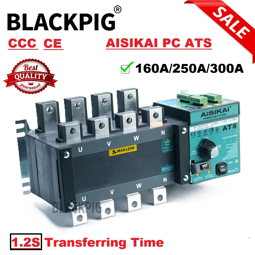 High Grade Original Aisikai ATS 4P 160A 250A 300A Dual Power Automatic Transfer Switch Generator ATS Switch 1.2S Transfer Time