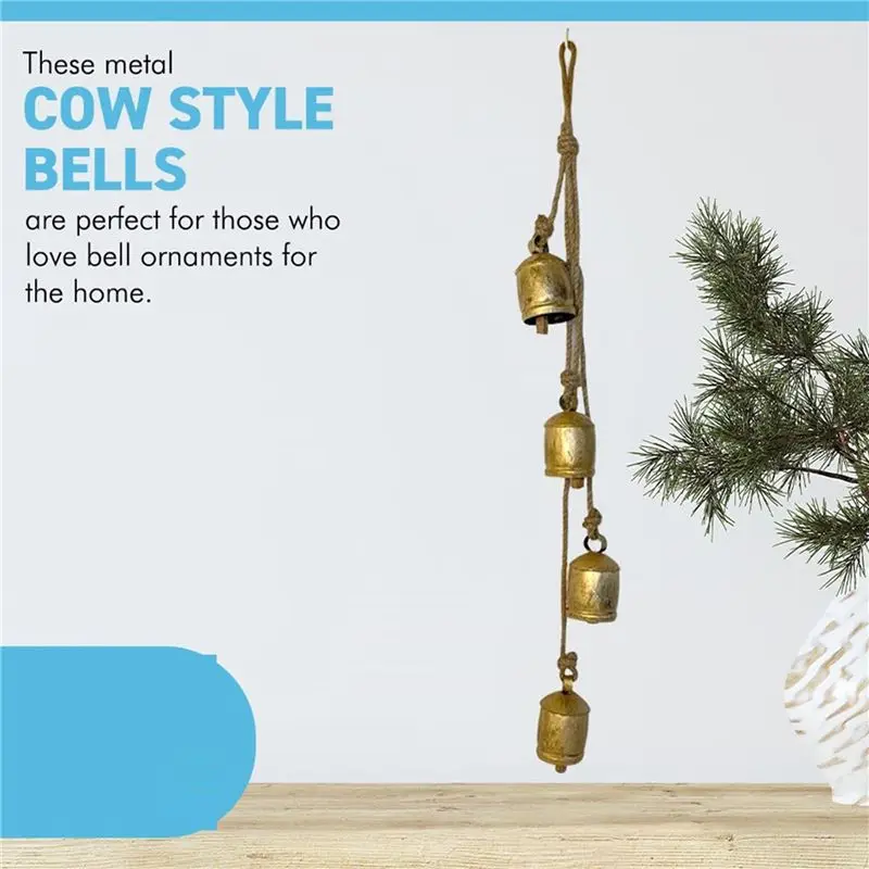 DT19 8PCS Cow Bells Cluster on Rope, Large Rustic Vintage for Lucky Cow Bells Wall Hanging for Home Decor