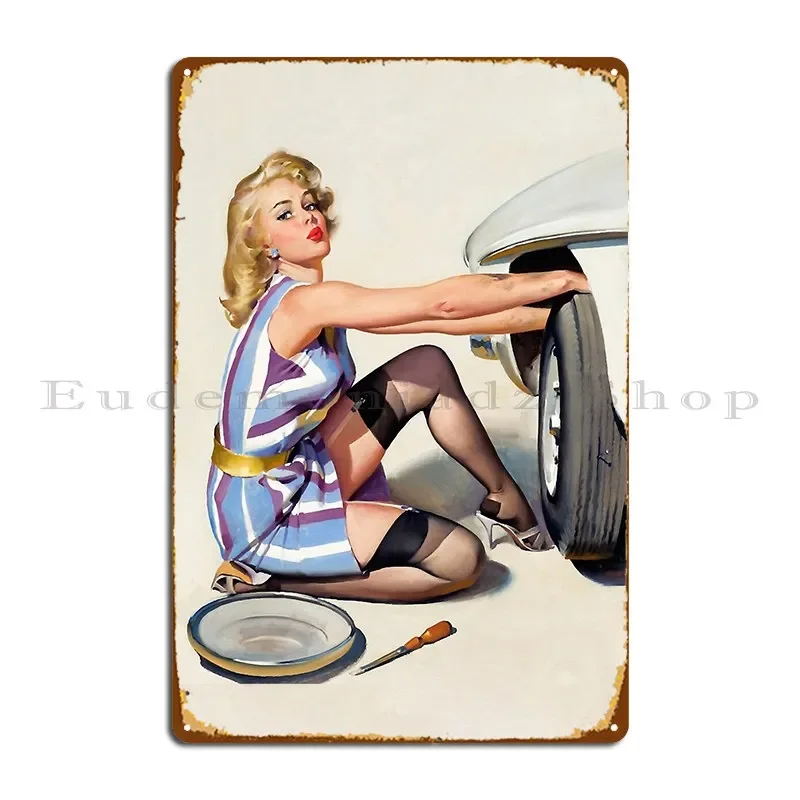 1950s Vintage Up Girl Fixing Flat Tire Mechanic Car Automobile Illustration Metal Sign Wall Decor Wall Cave Tin Sign Poster