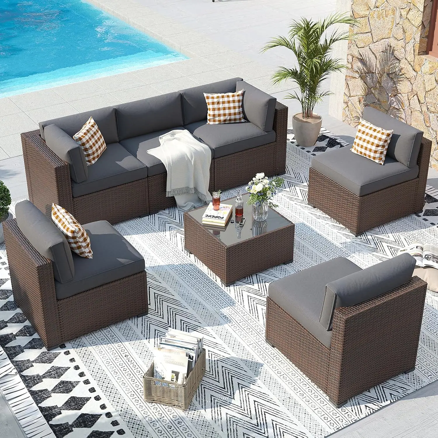 Patio Furniture Sets, 7-Piece Outdoor Patio Furniture with Thick Cushions, Wicker Outdoor Conversation Set Sectional, Custom
