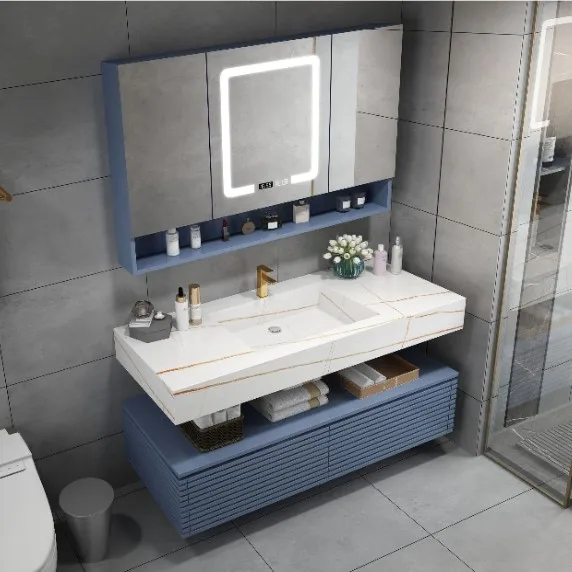 Smart Mirror Bathroom Cabinet with Two Drawers, Copper Drawer, Ceramic Basin
