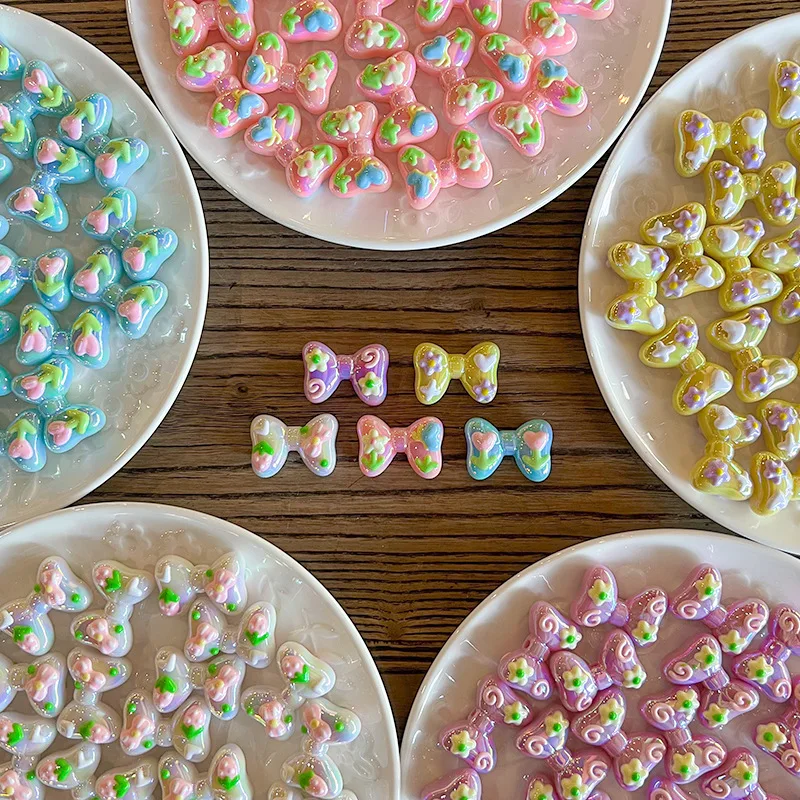 10pcs Cartoon hand-drawn graffiti bow acrylic through-hole scattered beads diy handmade for Bracelet keychain mobile phone chain