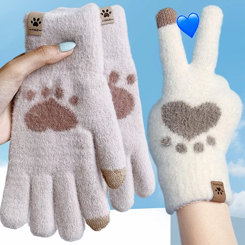 

Fashion Cat Paw Printing Gloves Mobile Phone Touchscreen Knitted Gloves Winter Thicken Warm Adult Soft Fluffy Gloves Men's Women