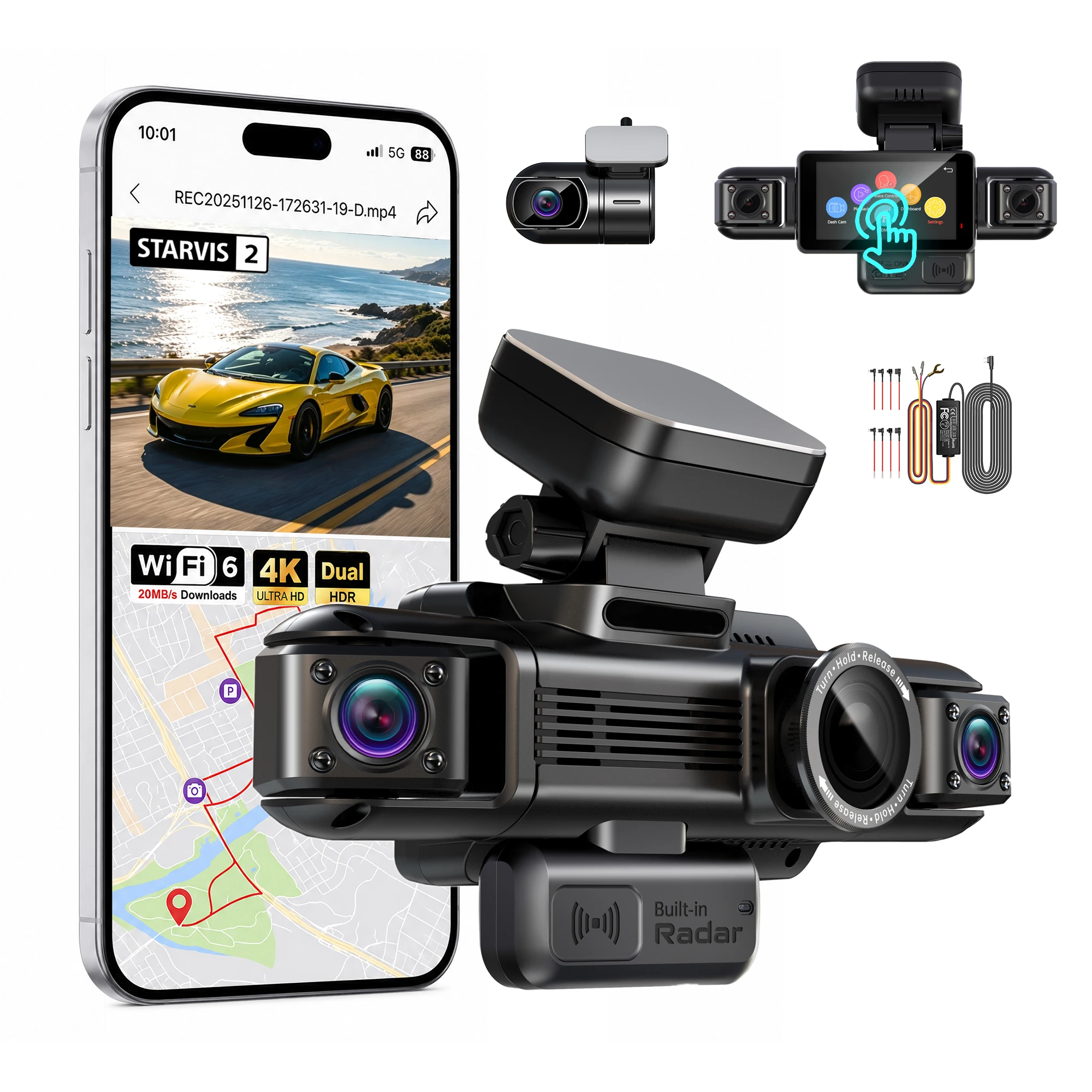 HUPEJOS N600-4CH 4K+1080P DashCam，Dual HDR With STARVIS 2, 24H Parking Mode Built-in Radar, AI Car Dash Cam DMS, 3' Touch Screen