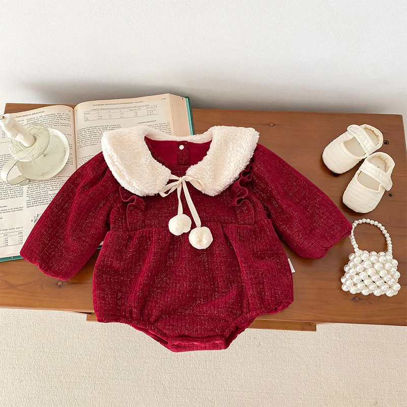 0-24Months Newborn Baby Girl Romper Dress Red Long Sleeve Thicken Warm Princess Dresses Clothing Winter Fashion Cute Jumpsuit