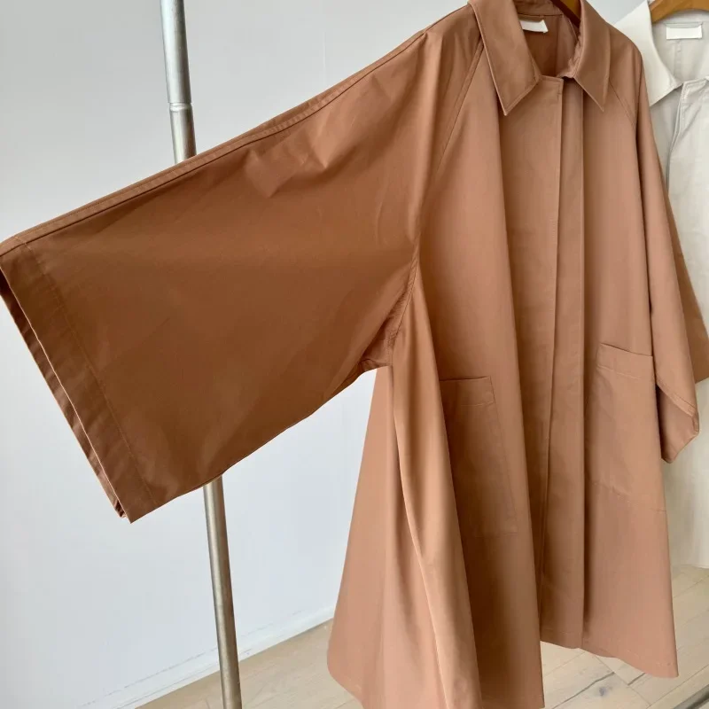 2024 New Early Fall Fashion Washed Cotton Umbrella Shape Wide Sleeve Trench Coat for Women