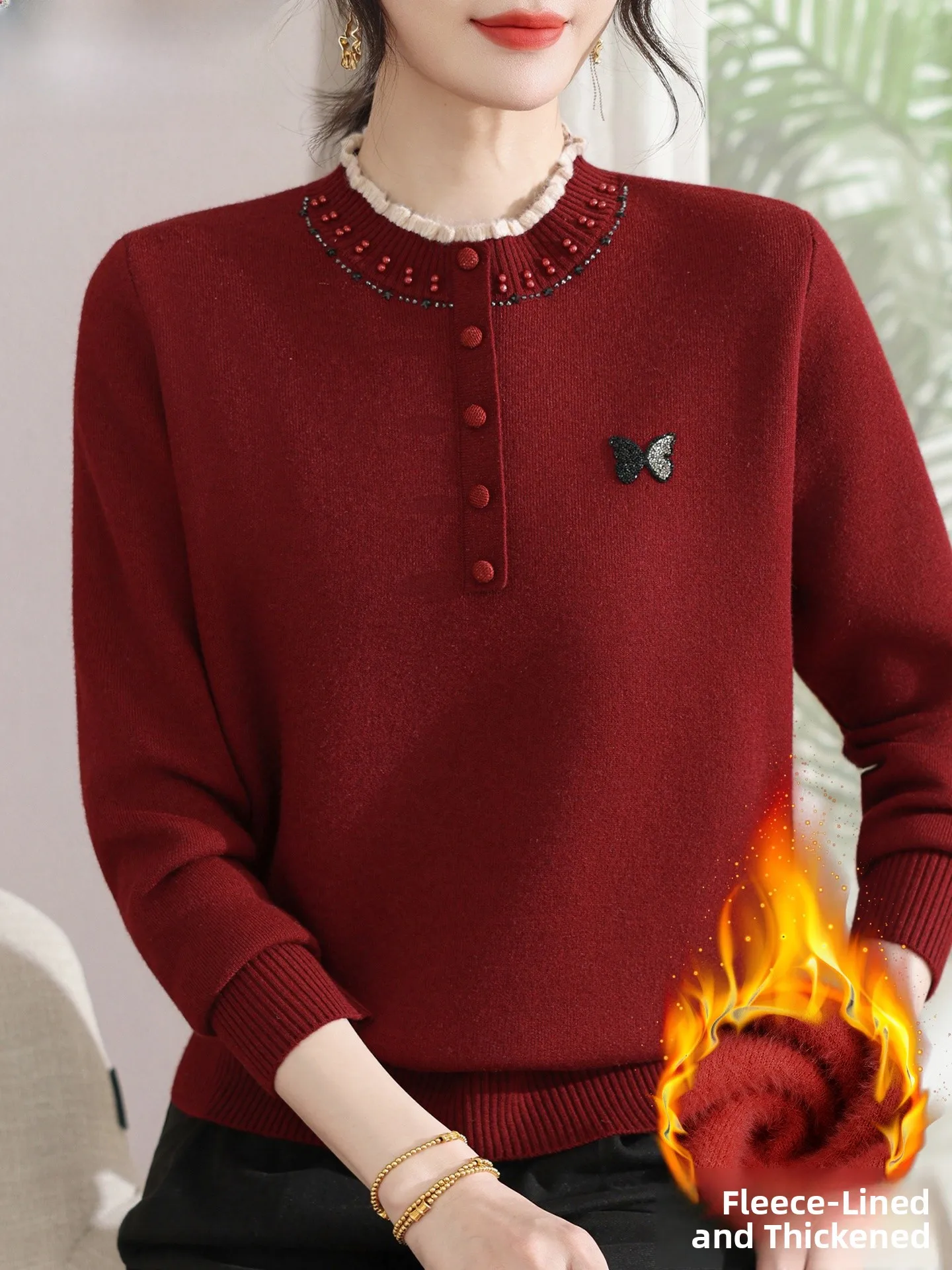 

Red Fce-Lined Thiened Knitted Sweater for Mom Winter Faionable Warm Base Layer irt for Middle-Aged And ly Women