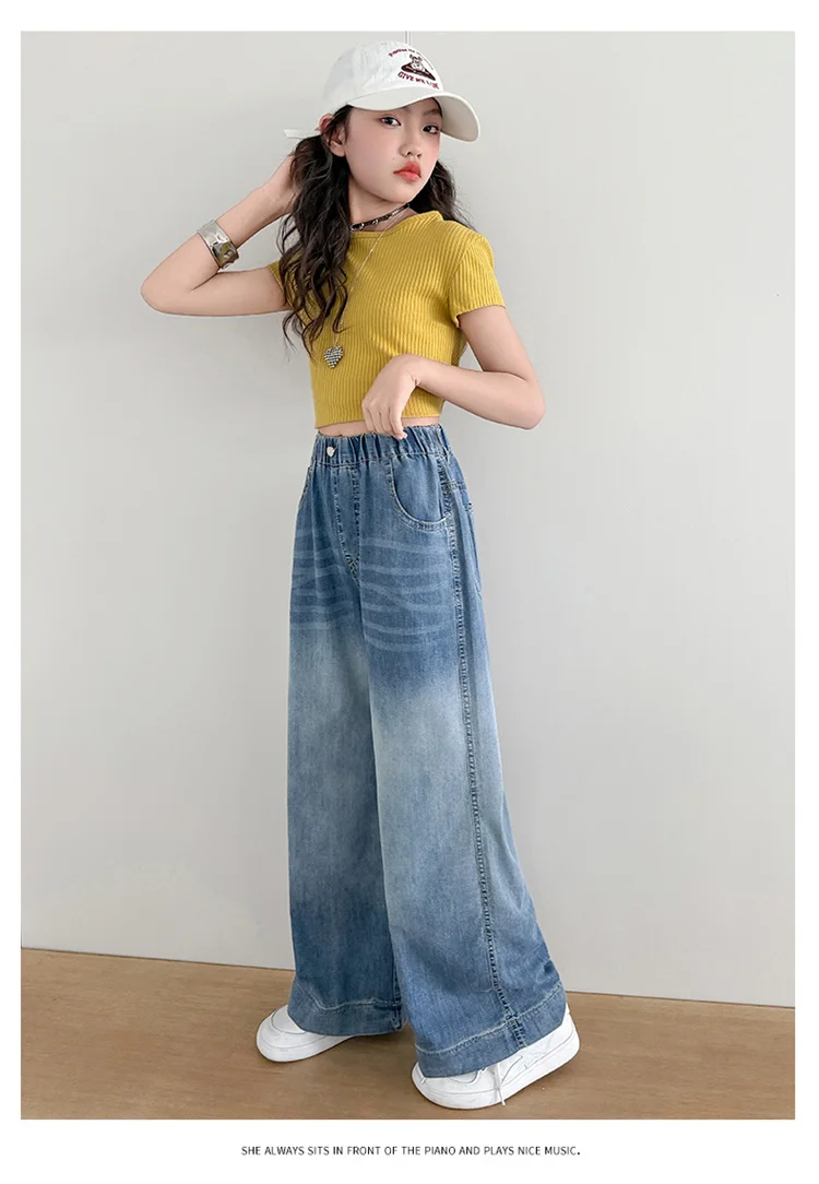 Mädchen Sommer Einfache Jeans 2026 Neue Dünne Weite Hosen Mittlere und Große Kinder Lose Gerade Freizeithosen für Kinder 5-14 Jahre – Detail 5