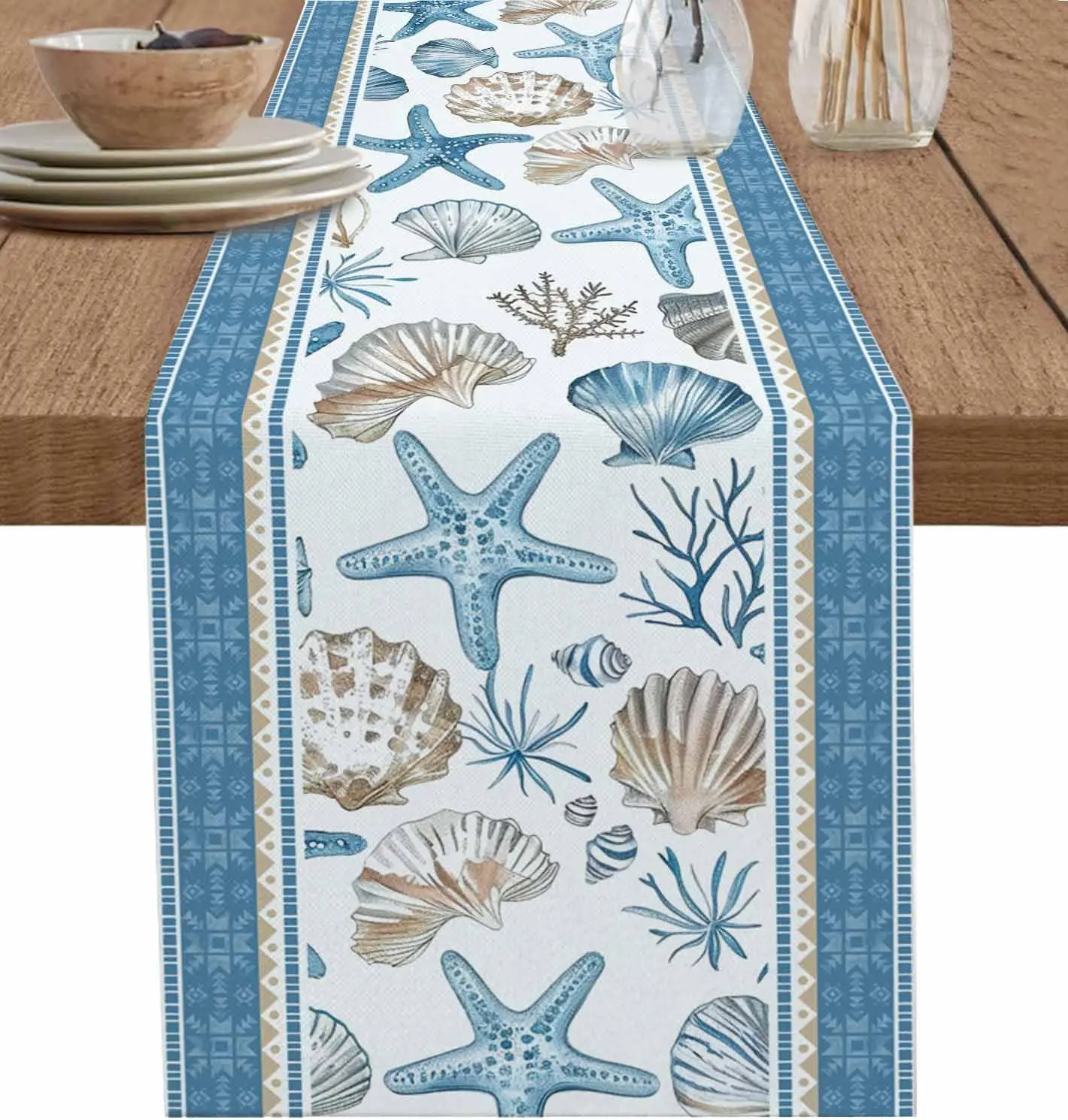

Summer Ocean Starfish Shell Coral Linen Table Runner Dresser Scarf Decor Farmhouse Kitchen Dining Table Runner Party Decor
