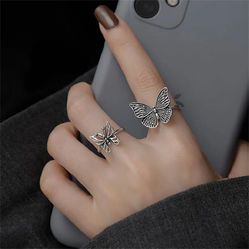 Antique Silver Color Hollow Butterfly Ring Set For Women Retro Trendy Jewelry Ring Accessories Dropshipping