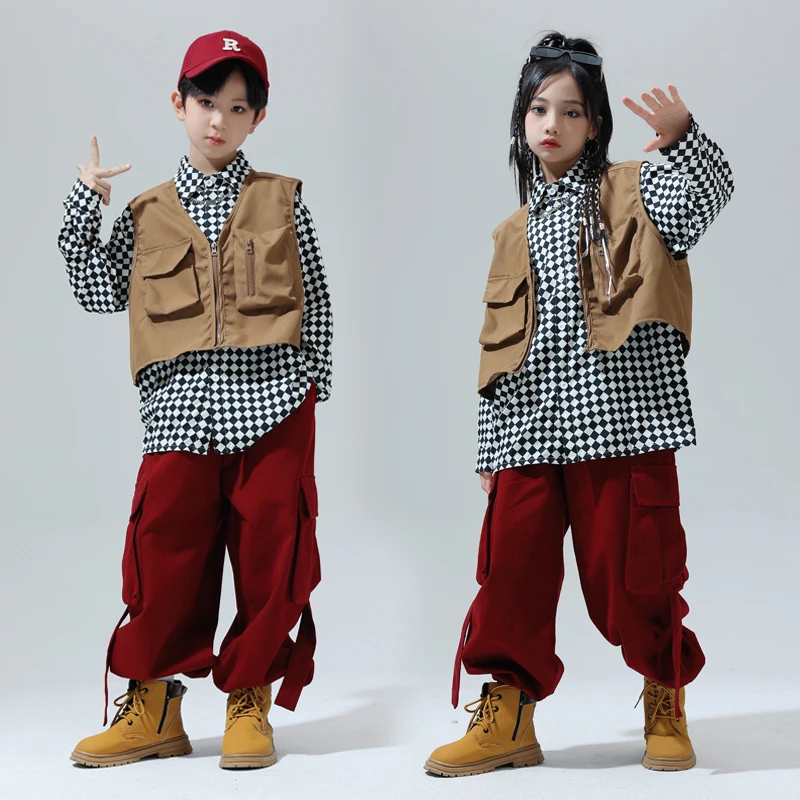 Kids Hip Hop Clothing Plaid Shirt Casual Khaki Vest Red Pants For Girl Boy Streetwear Dance Costume Teenage Ballroom JazzClothes