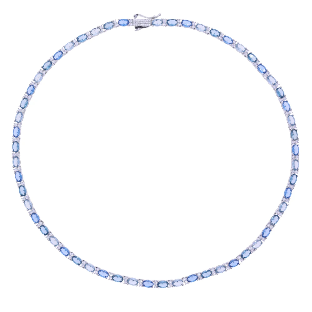 Newly launched hip hop men's and women's necklaces with gradient blue shimmering oval zircon tennis chains set in 2026 jewelry