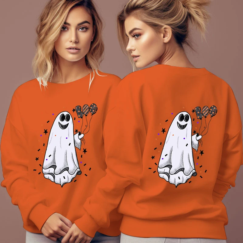 Women's Autumn Basic Sweatshirts Boo Ghost Funny Print Pullover Round Neck Fashion Trend Tracksuit Happy Halloween Party Hoodies