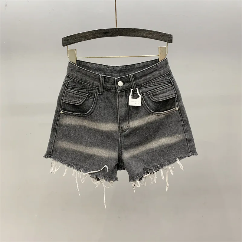 [zoci] 2024 Summer New Style Blended Hairy Striped Denim Shorts High Waist A-line Wide Leg Hot Pants Trendy