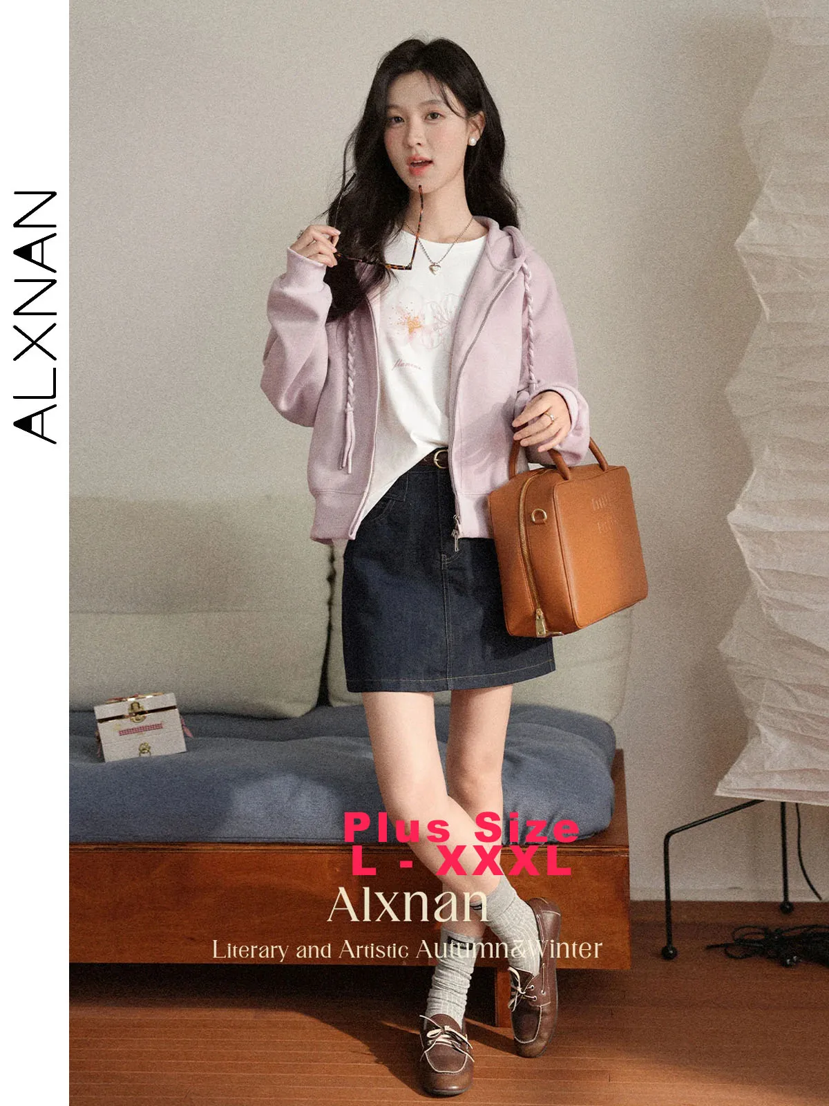 

ALXNAN Plus Size Hoodies Pink Zipper Twisted Drawstring Loose-fit Women Sweatshirt Autumn Casual Long Sleeve Coats Female D12512
