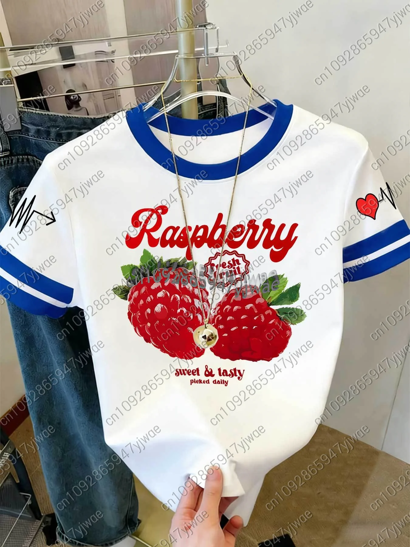 2026 Damen Kurzarm Colorblock T-Shirt mit Himbeer-Print im Y2K-Stil, Rundhals-Oberteil für Outdoor-Sport, Erwachsenen-Damen-T-Shirt – Detail 10